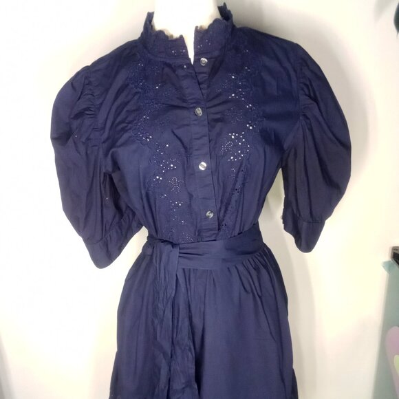GAP NAVY Puff Sleeve Eyelet Mini Dress Eyelet Mini Shirtdress sz L - Picture 5 of 9